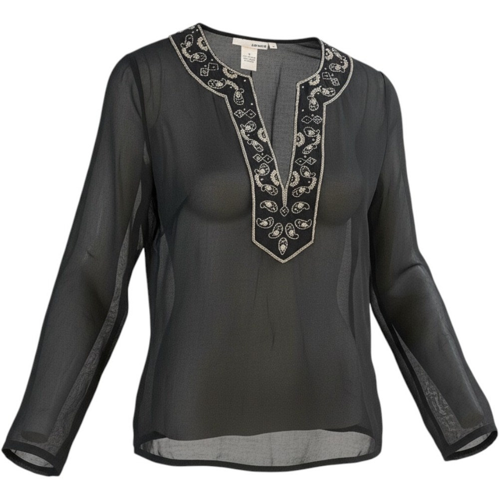Hennes‎ H&M Top Womens 6 Black Sheer Embroidered Bell Sleeve Y2k Whimsigoth Boho